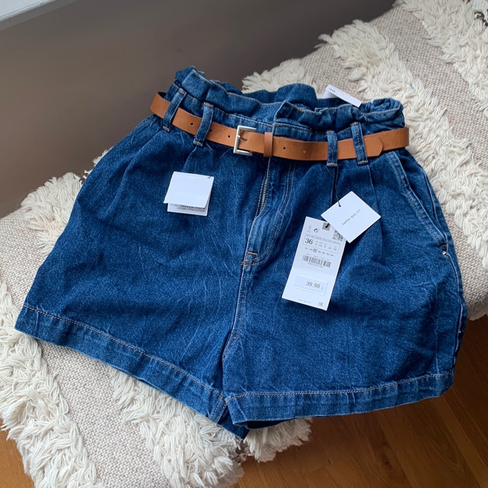 Zara Blue Paper Bag Fit Shorts